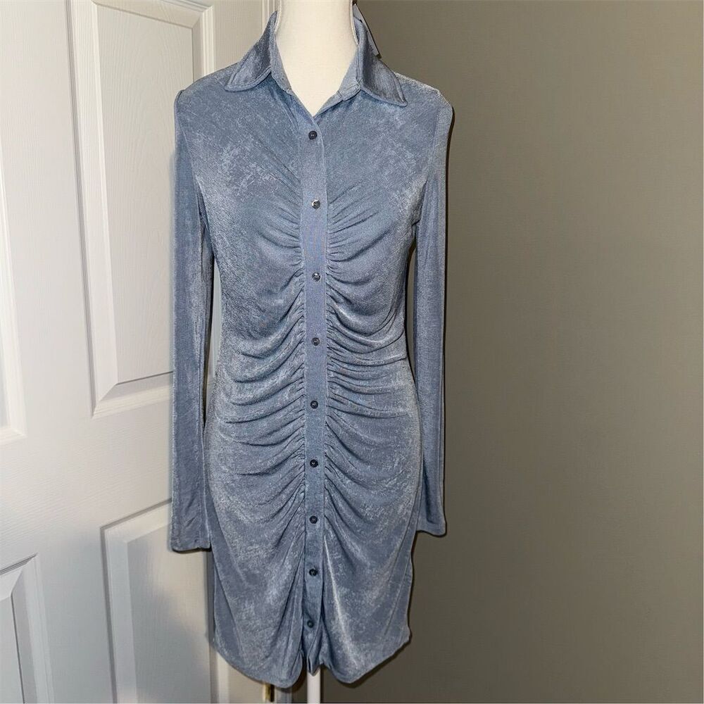 Cotton On Women's Soft Blue Bowie Shirt Mini Dress L Long Sleeve Ruched Front